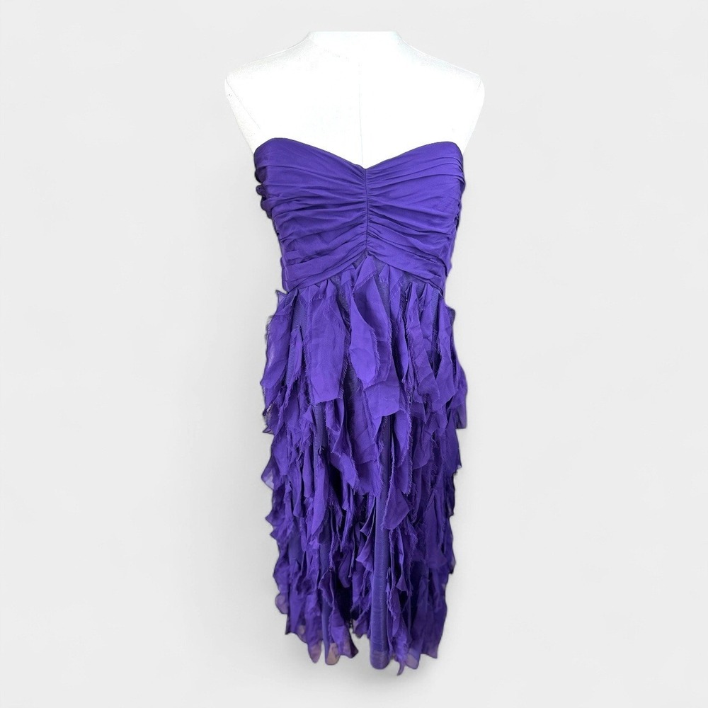 Badgley Mischka Purple Silk Strapless‎ Ruffled Tiered Cocktail Dress Size 12